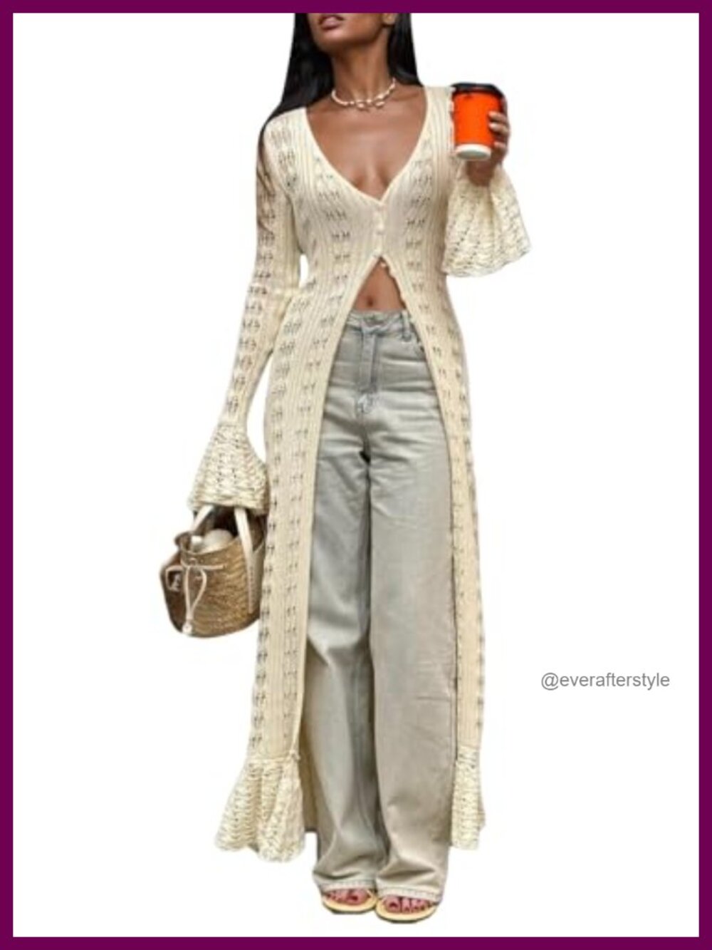 Crochet Hollow Out Knit Long Cardigan Bell Sleeve Button Down Maxi Cover Up